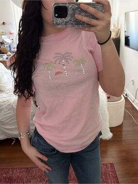 Vintage Hollywood Beach Pink Palm Tree Rhinestone Tee